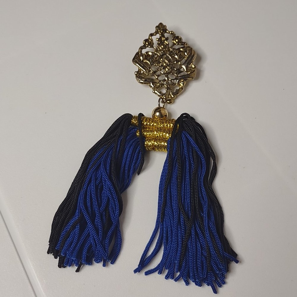 Vintage Metal And String Blue And Black Tassel Brooch